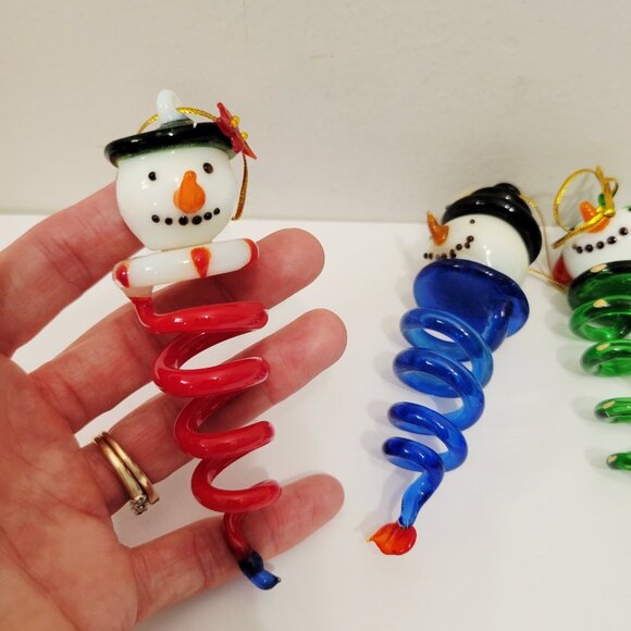 3 Blown Glass Spiral Dangling Snowman Face Top Holiday Christmas Ornaments - Picture 3 of 8
